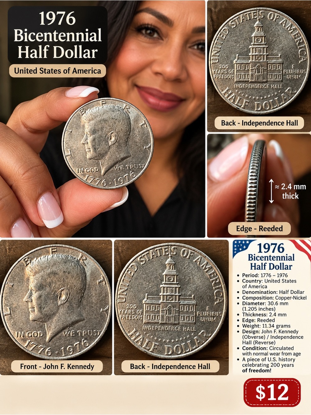1976 Bicentennial Kennedy Half Dollar – Independence Hall – Vintage U.S. Coin